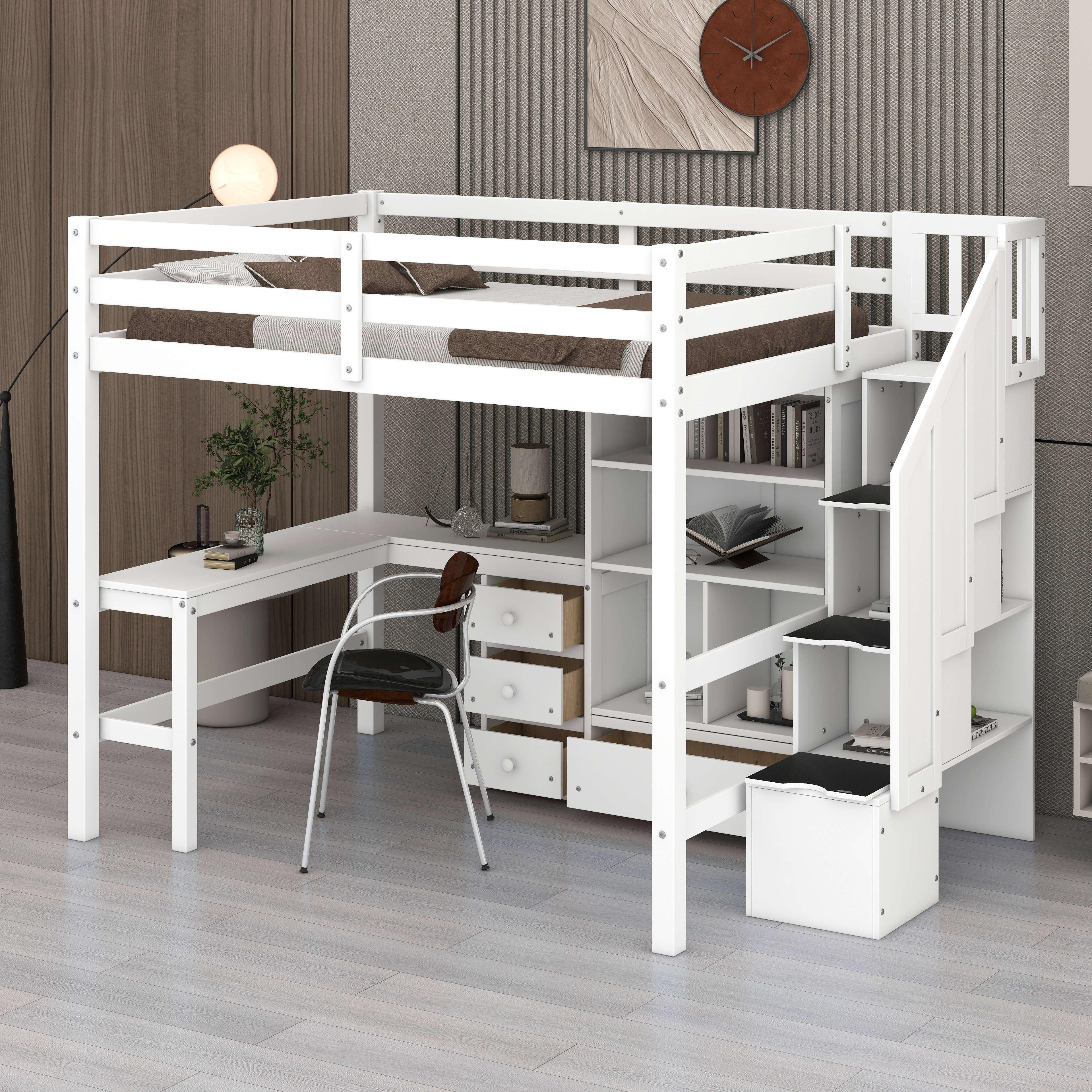 Latitude Run® Full Size Loft Bed With L-Shaped Desk & Stairs, With