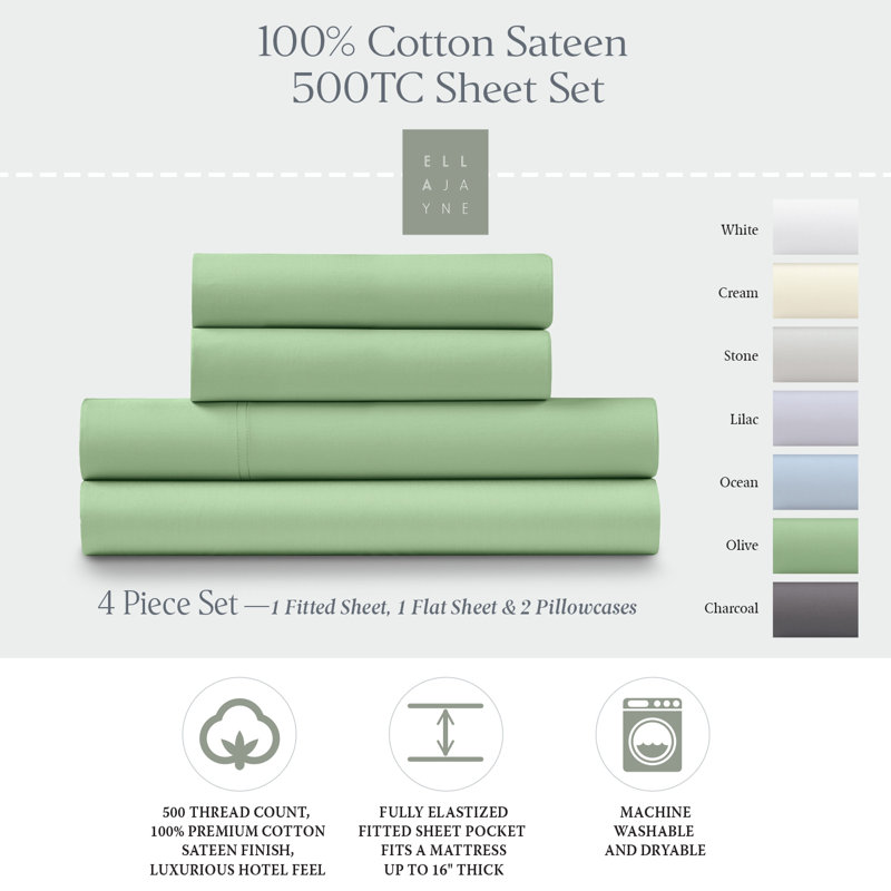  500 Thread 100% Cotton Sateen Sheet Set (4PC.), Queen, Olive