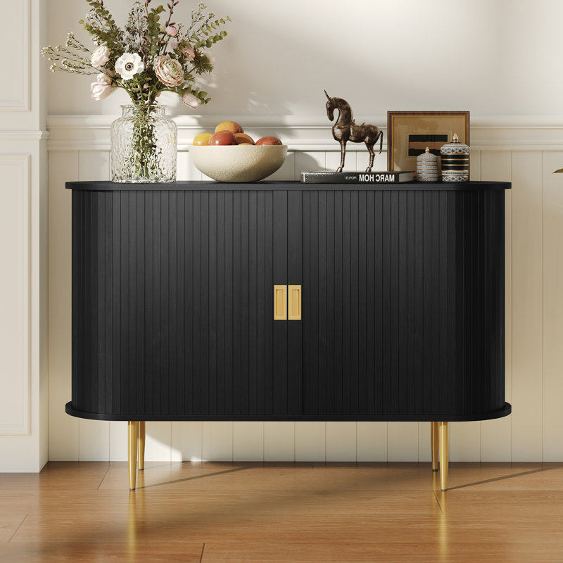 47'' Sideboard Cabinet with Wood Tambour Doors, Black, Black