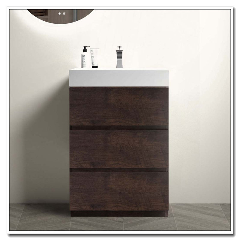Meuble-lavabo autoportant avec lavabo intégré pré-assemblé sans poignée, Noyer, 24"
