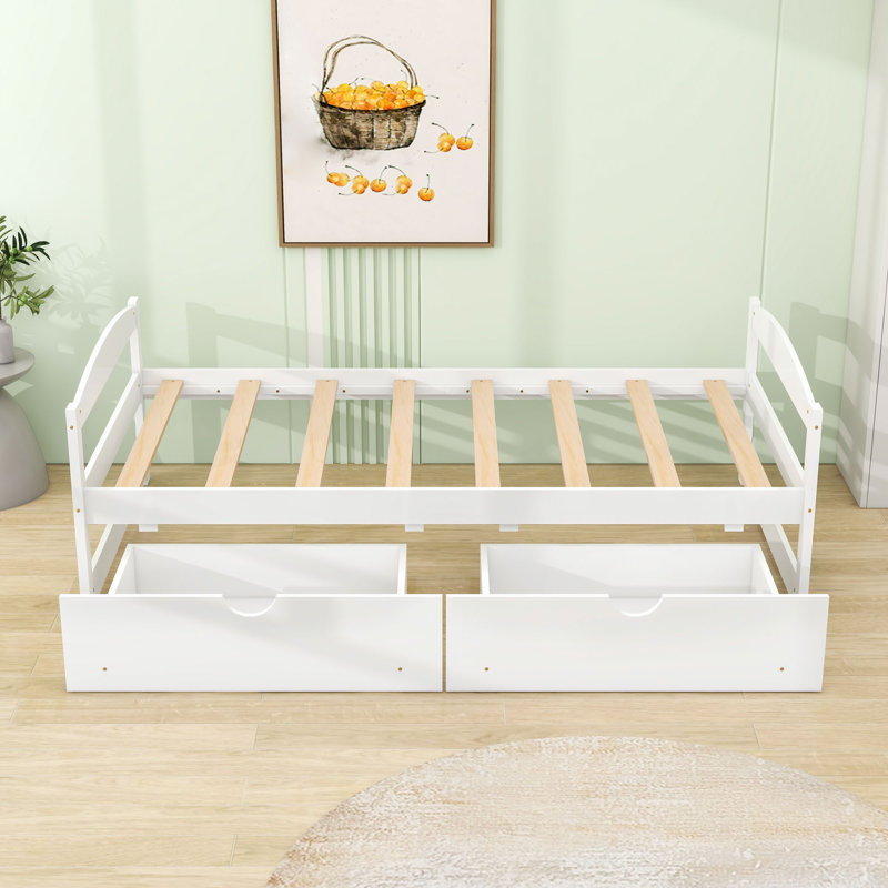 Lit plateforme simple en bois avec deux tiroirs de rangement, Blanc