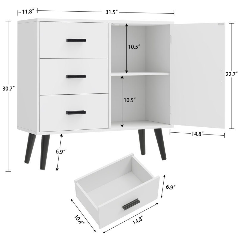 Floor Storage Cabinet with Door & 3 Drawers, White