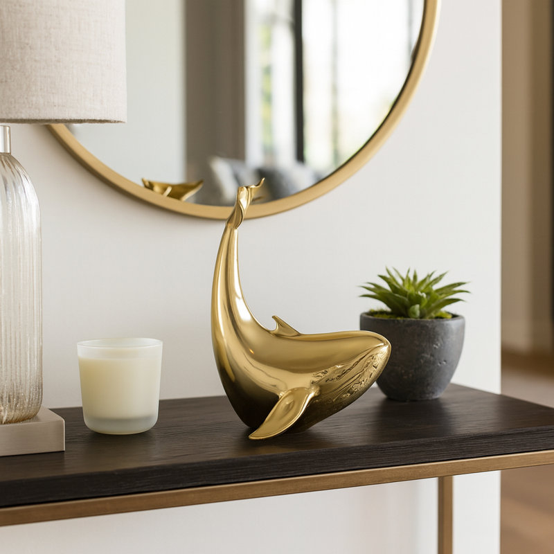 Ornamental Whale Statue Sculpture For Home Decor - Ocean-Inspired Decorative Objects Figurine For Living Room Accent - 11", Gold