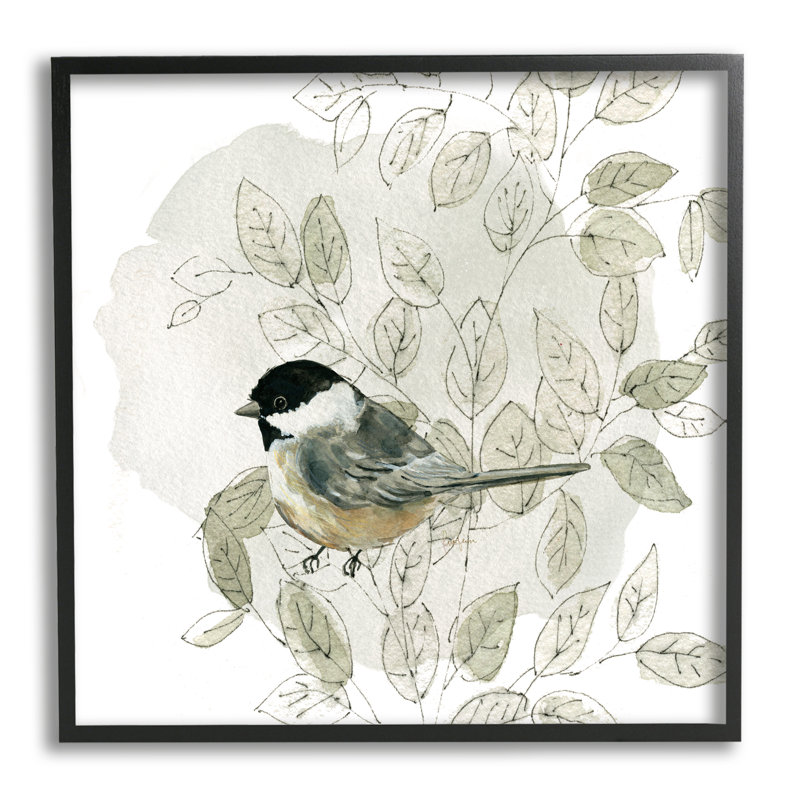 Oiseau perché, plante de chalet douce encadrée sur bois par Livi Finn, peinture, H 17 po x l 17 po x P 1,5 po