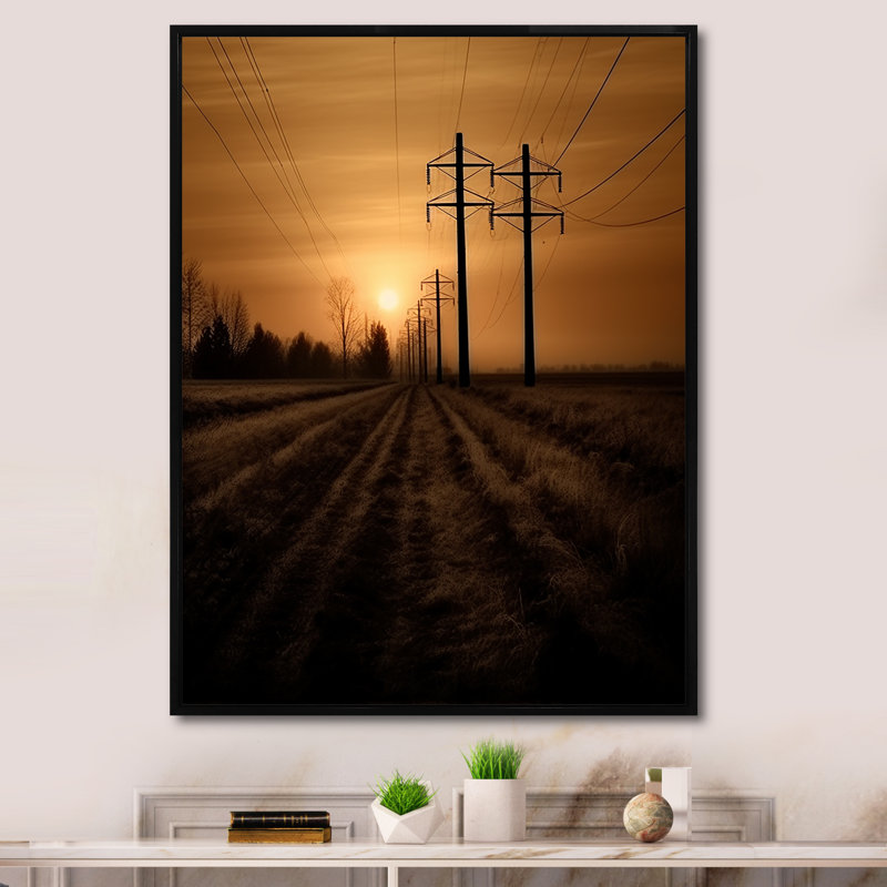«Power Lines Minimalisme Scenery Sunset I», reproduction sur toile, Cadre flottant noir, H 44 po x l 34 po x P 1,5 po