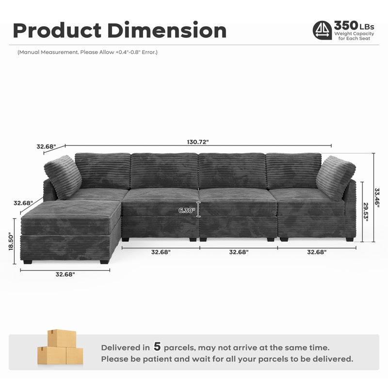 Nathasa 5-piece Upholstered Corduroy Sectional, Gray Corduroy