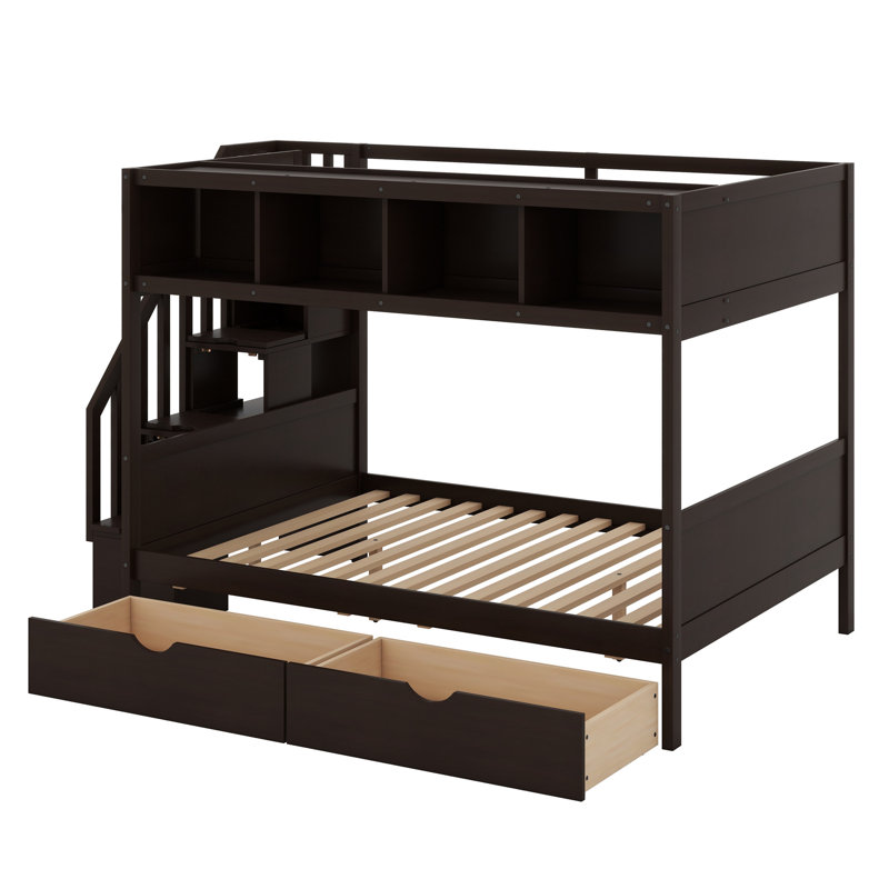 Lit superposé avec tablettes, escalier de rangement et 2 tiroirs, Noir