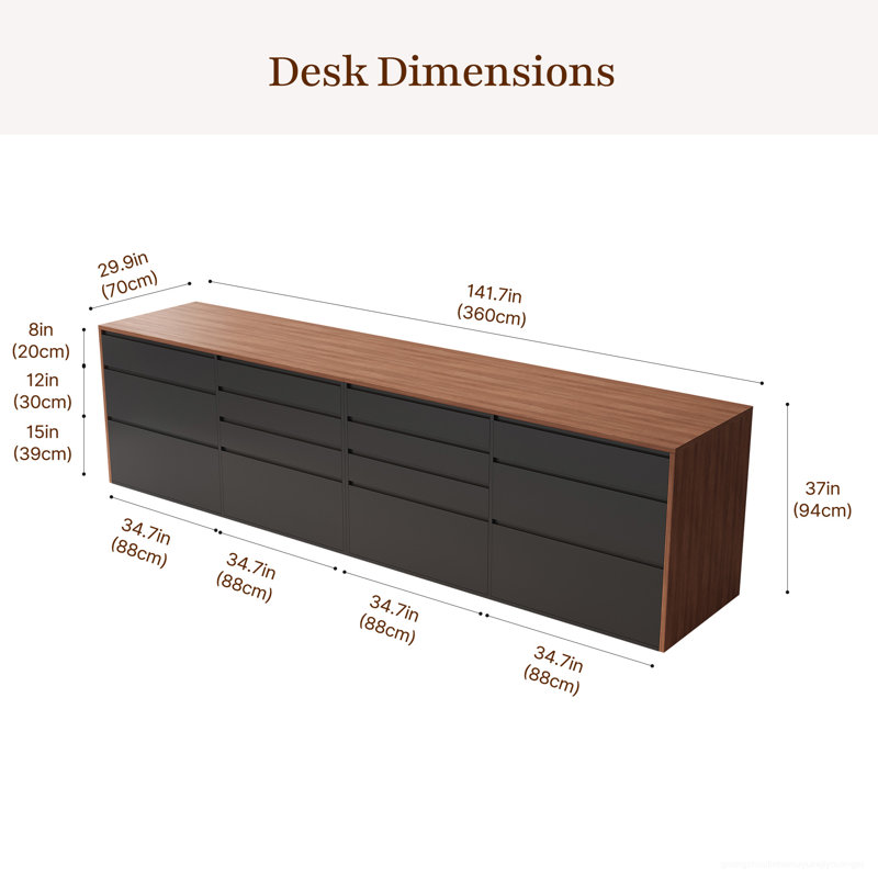 Table rectangulaire extra-longue de 360 ​​cm (141,7 po) pour salle de pause, avec 14 tiroirs, double armoire de rangement et plateau de 2,5 cm (0,98 po), noyer/noir