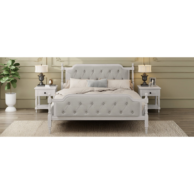 Lit en bois massif blanc antique avec tête de lit tendance, grand, sans tête de lit, conception requise, Blanc antique