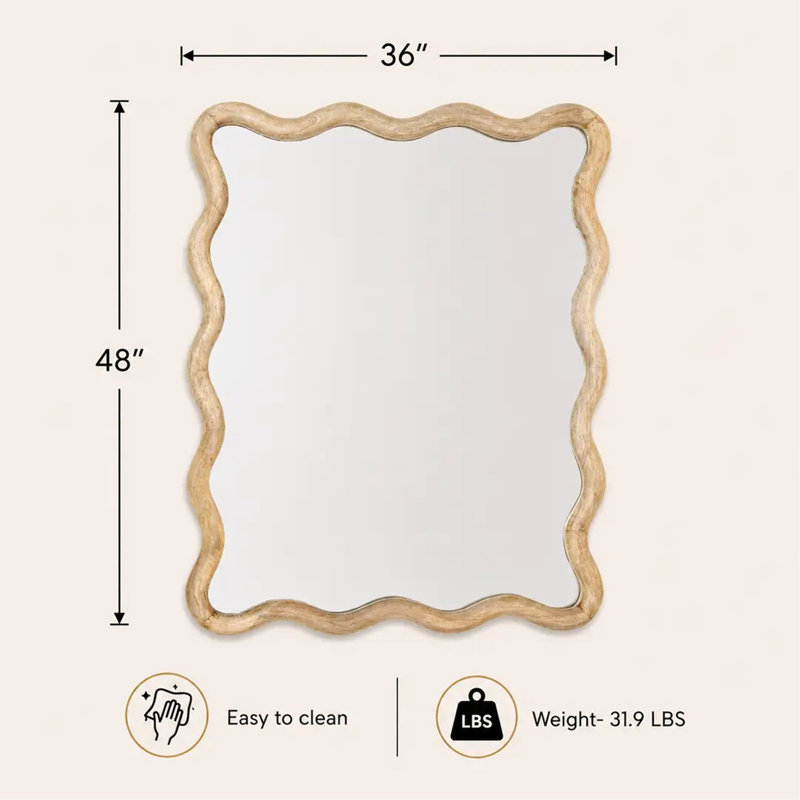 Miroir mural décoratif ondulé avec cadre en bois de manguier, 36 x 48 po