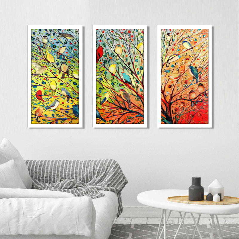 "27 oiseaux" par Jennifer Lommers, impression sur acrylique 3 pièces, H 25,5 po x l 40,5 po x P 1 po