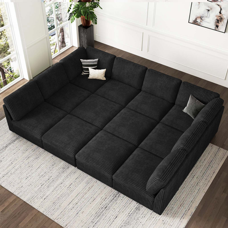 Divan-lit modulaire convertible Hutcheson, Velours côtelé noir