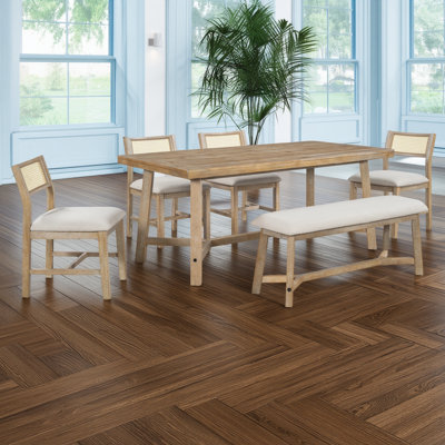 Universal 6-Piece Dining Table Set For Restaurants And Kitchens, Retro Farmhouse Style + Natural Wood Washed Color, Rectangular Table + 4 Rattan Cushioned Chairs + Bench, Complete In One Step Without Any Hassle.