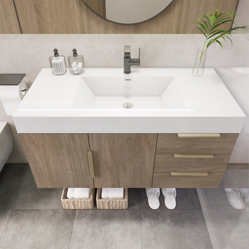 Meuble-lavabo mural simple 41,9 po avec plateau en acrylique renforcé Marck, Chêne clair