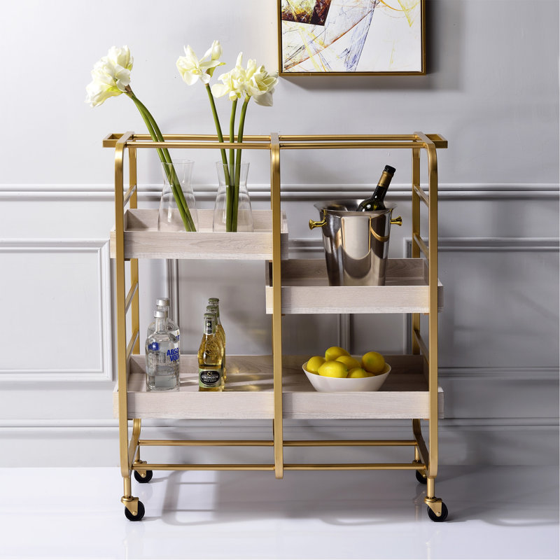 Serving Cart With 3 Adjustable Trays, Gold/White