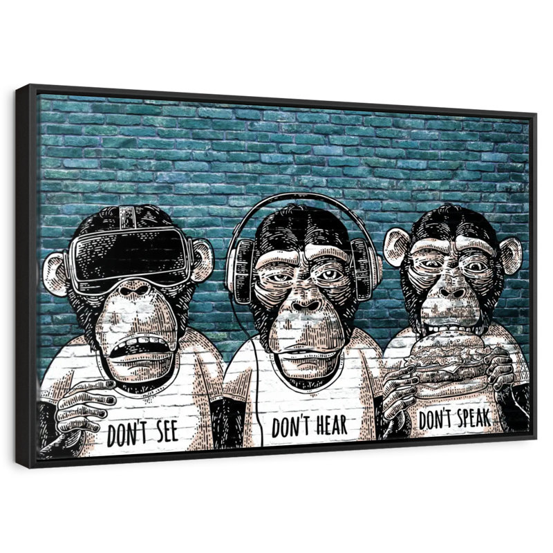 Trois singes, Cadre flottant noir, 37 po x 25 po