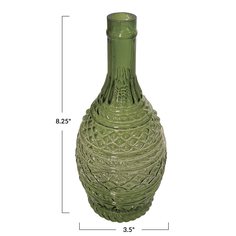 Emerald Hand-Blown Embossed Glass Vase