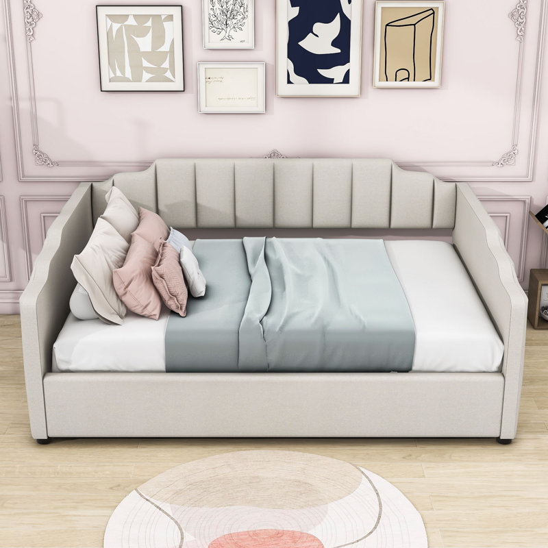 Lit de jour rembourré avec rangement inférieur, Double, Beige