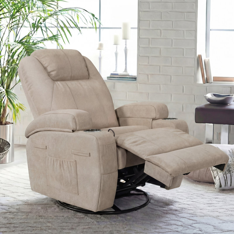 Reclining  Massage Chair with Swivel and Rocking Function, Beige Canvas