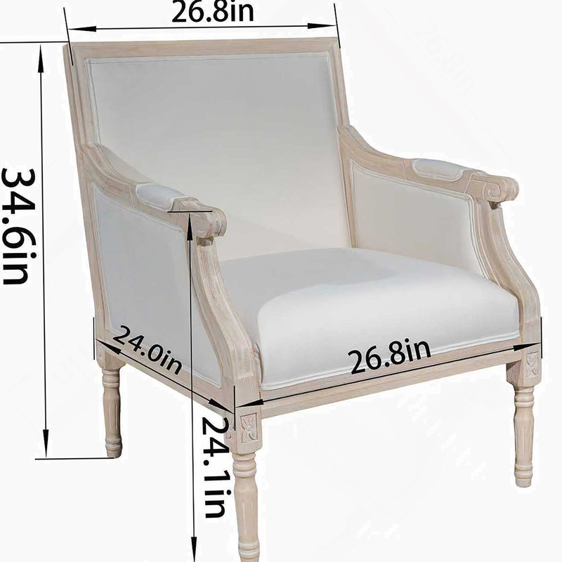 French Accent Chair Traditional Wood Frame Linen Upholstery Distressed Finish Home Decor, Singel
