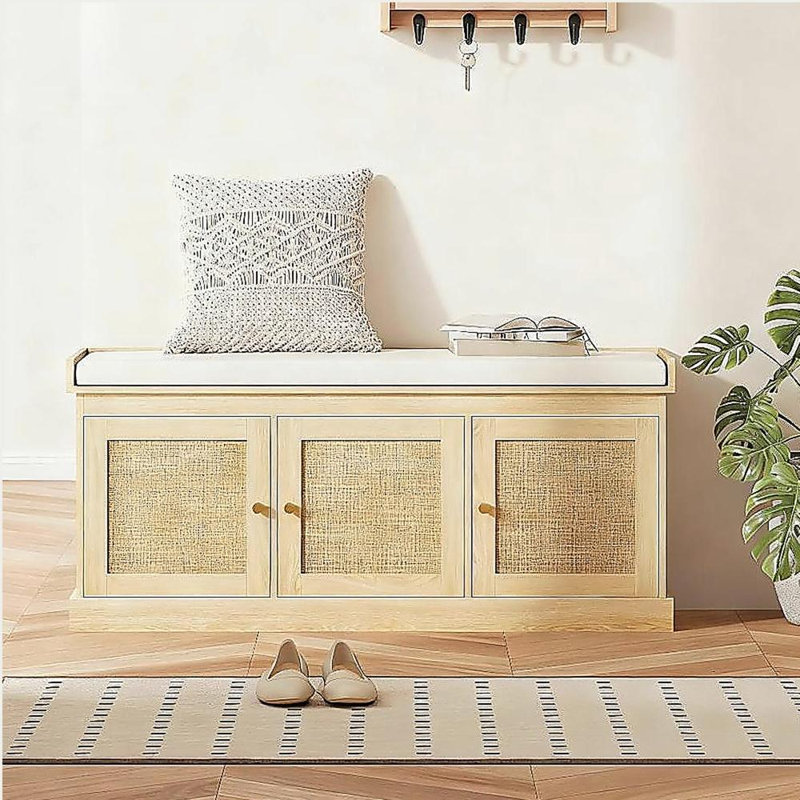 Shoe Storage Bench with Woven Rattan Doors, Shoe Bench, White/Natural