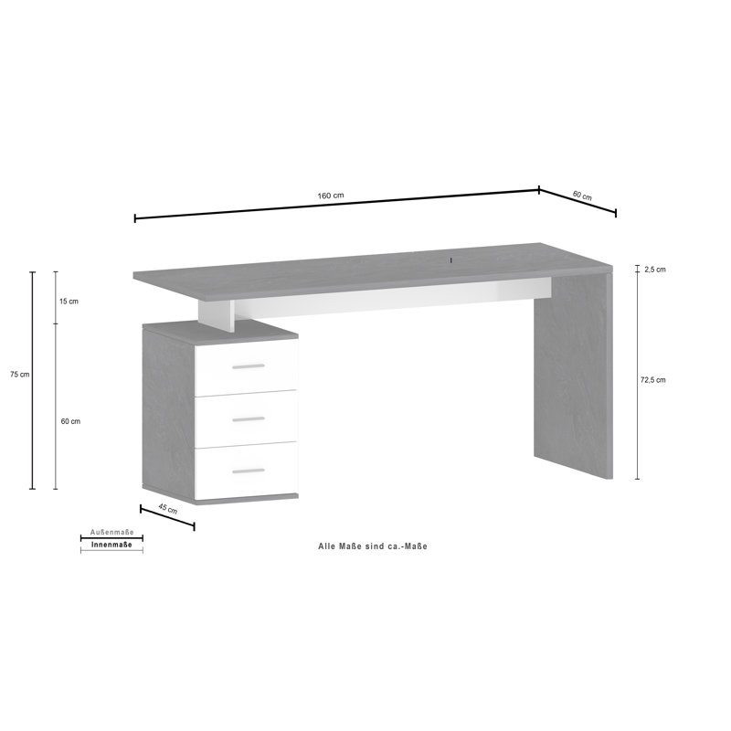 Basim Computer Desk, Grey/White
