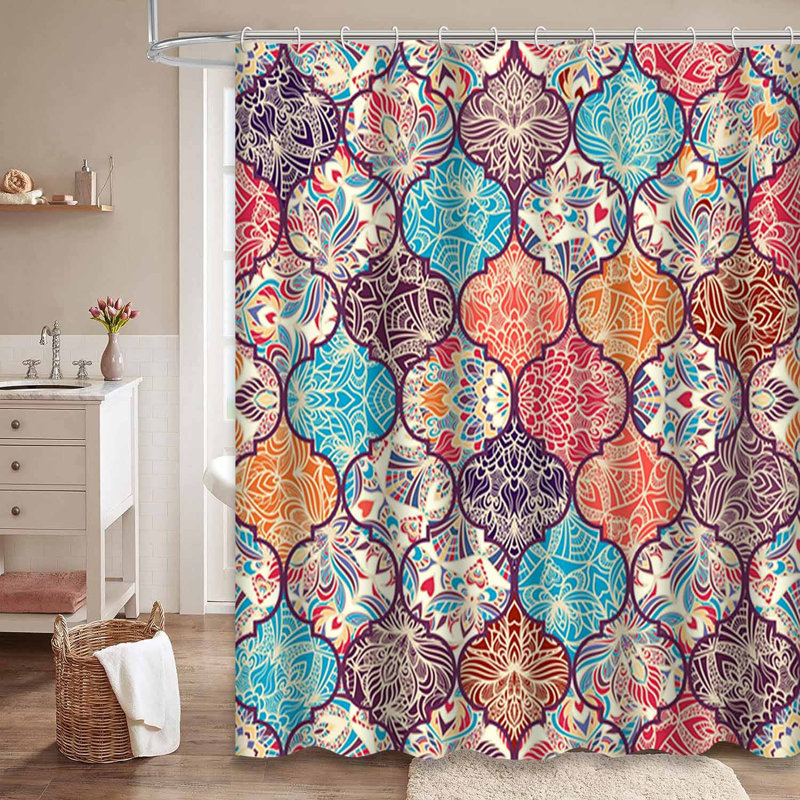 Rideau de douche à motif turc coloré avec 12 crochets, L 72 po x l 78 po