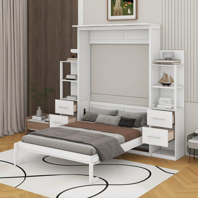Lit escamotable double avec tablettes, tiroirs et DEL