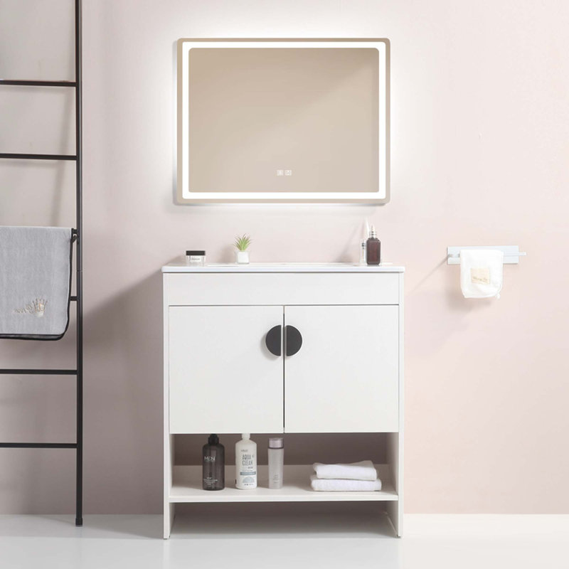Meuble-lavabo de salle de bain avec lavabo en céramique blanche et 2 portes avec poignées en métal, Blanc