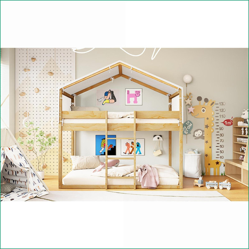Twin Over Twin Solid Pine Wood Bunk Bed with Removable Tent - Natural Space-Saving Design, Natural