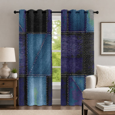 2Pcs Denim Patchwork Style Curtains, Abstract Grid Pattern Curtain, Modern Geometric Stitching Printed Art Grommet Drapes, Window Treatment for Bedroom Living Room Decor
