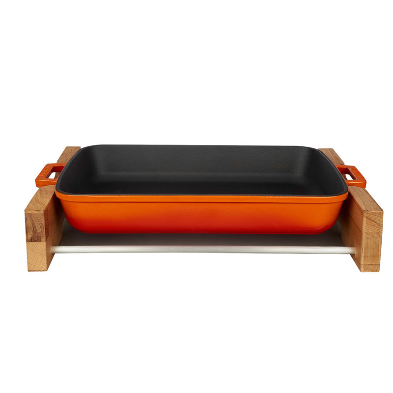 Plat à rôtir rectangulaire en fonte émaillée Lava 16 po avec support en bois de hêtre, Orange / noir