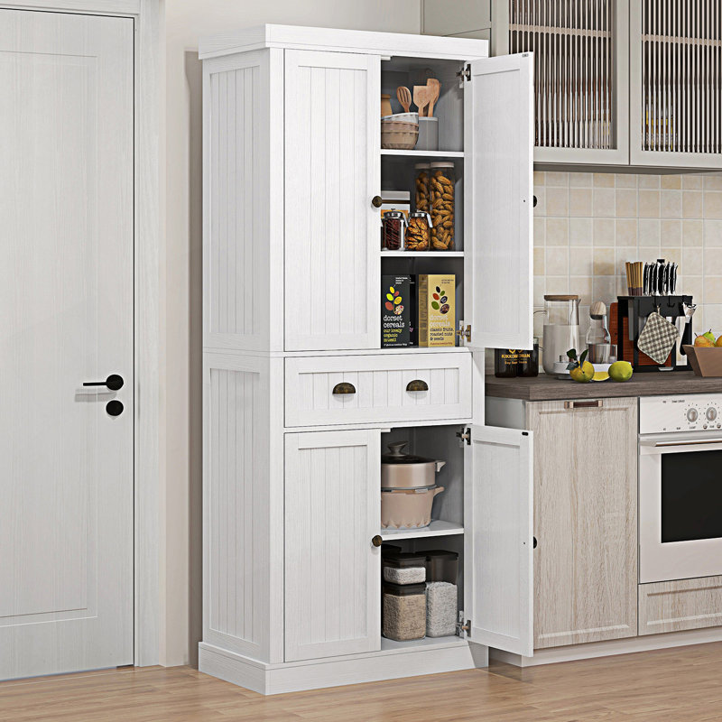 Armoire de cuisine Farmhouse, grande armoire de rangement autoportante avec 4 portes à fermeture douce, Blanc