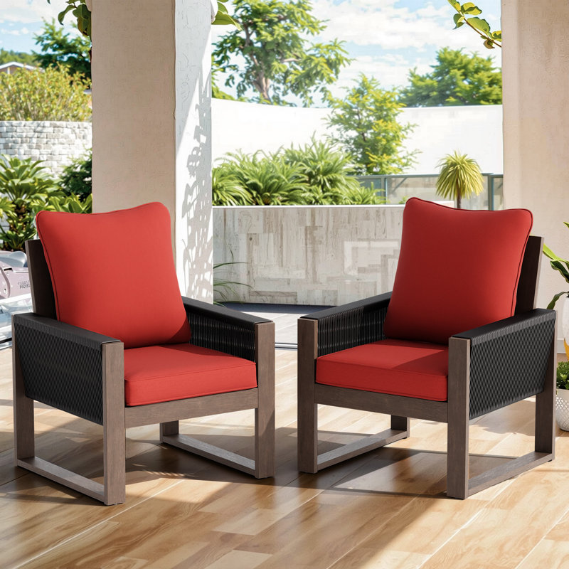 Chaises en bois et osier avec coussins, Rouge