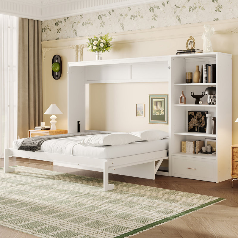 Grand lit escamotable avec compartiments de rangement à hauteur réglable et tablette, Blanc