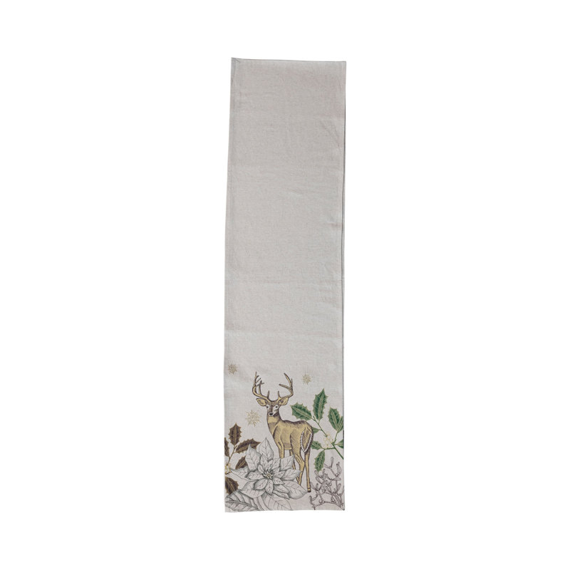 Cotton And Linen Printed Table Runner With Flora/Fauna Pattern And Metallic Thread Embroidery
