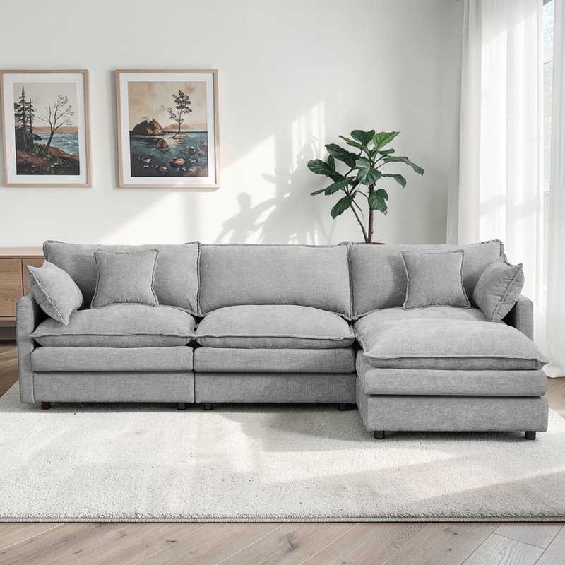 Canapé modulaire en L revêtu de L 102 po avec coussins en mousse compressée avec repose-pieds mobile Brooklington, Gris