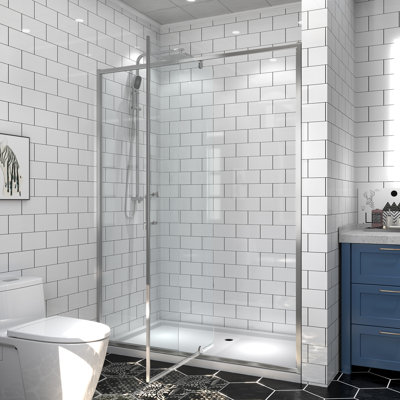 Porte de douche coulissante pivotante l 54 po x H 71 po, verre trempé 1/4 po 6 mm, largeur réglable, rail télescopique H, finition, installation réversible transparente