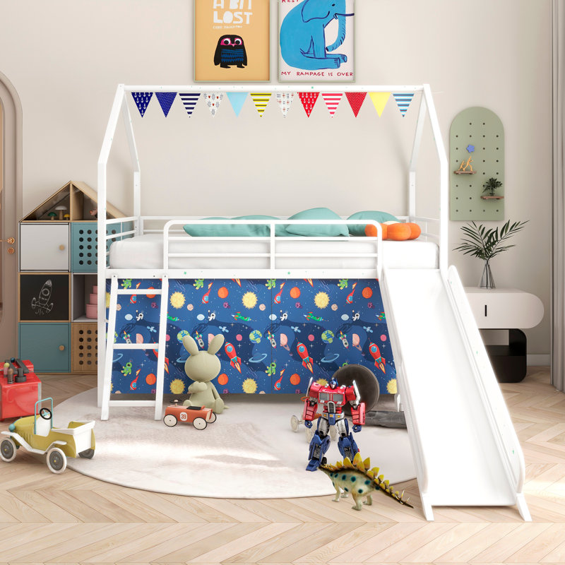 Lit mezzanine simple en métal Junior, Blanc / Bleu