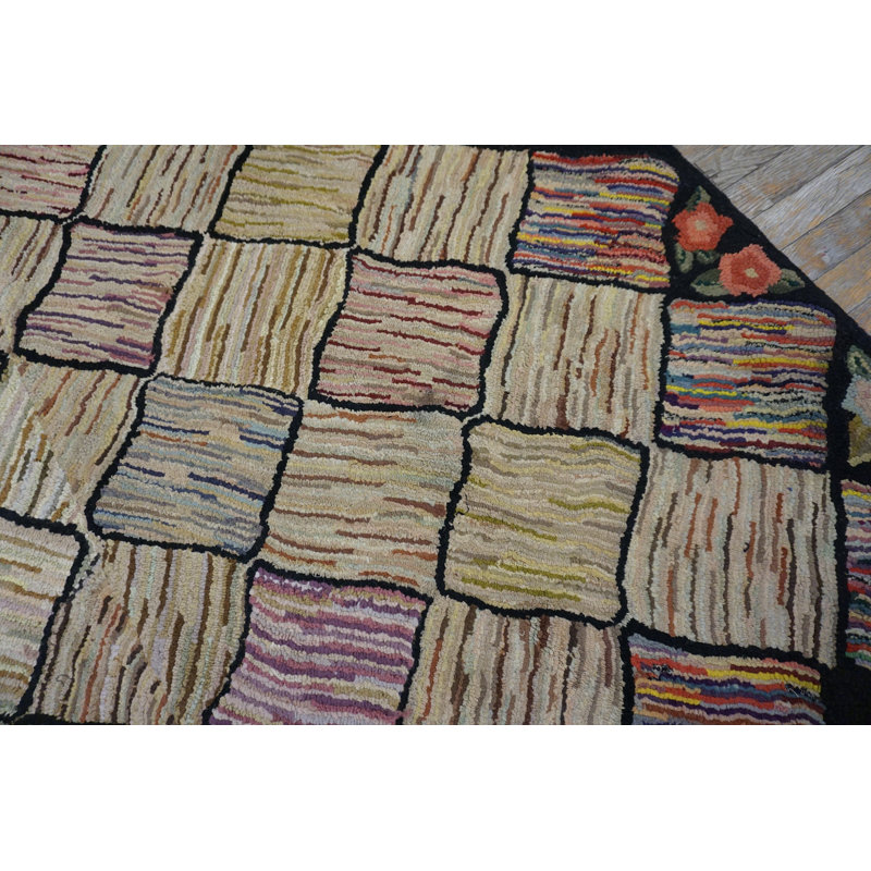 Ivory Cream Color Antique American Geometric Folk Art Trellis Lattice Design Hooked Rug