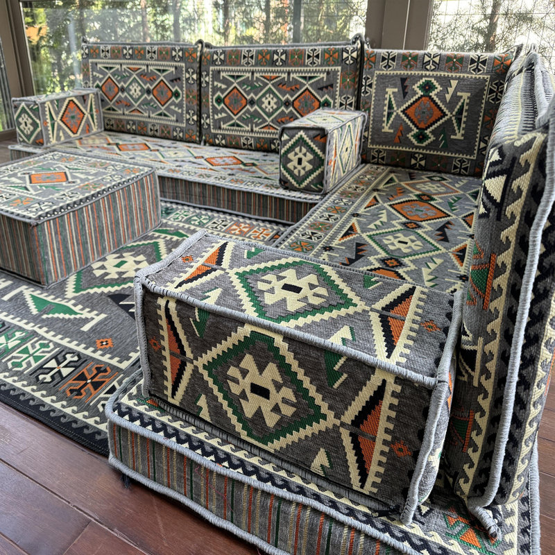 Canapé modulaire avec coussins Ethnique Kilim, Gris