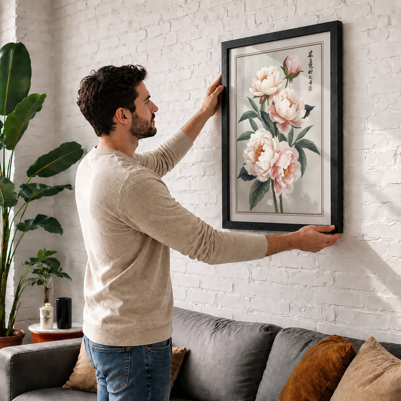 Peonies in Bloom Botanical - Framed Print, A4 - 29.7 x 21.0 cm, White