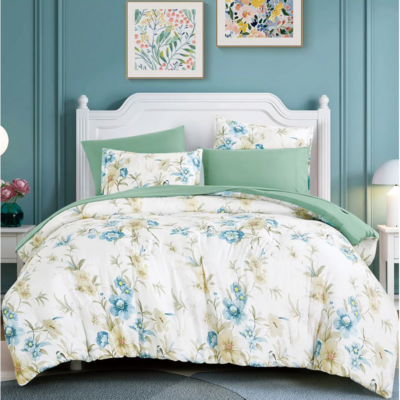 Très grand lit - Ensemble d'édredon moderne à motif floral vert 7 pièces