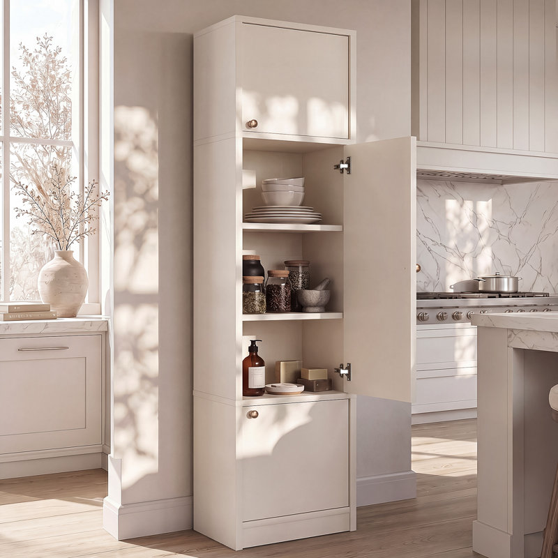 Armoire de cuisine autoportante OMCMUU de 180 cm de hauteur, 40 cm L x 40 cm P x 180 cm H, placard de rangement étroit avec 3 portes et étagères intérieures réglables, idéale pour ranger les aliments dans la cuisine ou la salle à manger, finis blanc et noyer, trousse anti-basculement incluse