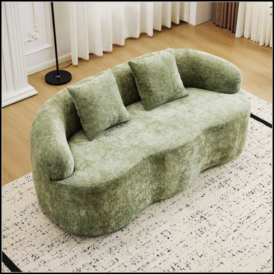 Canapé incurvé vert avec accoudoir rond, canapé à compression avec 2 coussins, crème pour petits espaces, sans assemblage