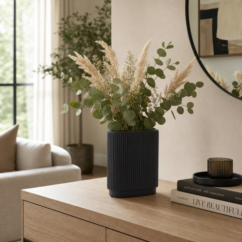 Brix Ceramic Vase, 8" H x 7" W x 3" D, Black