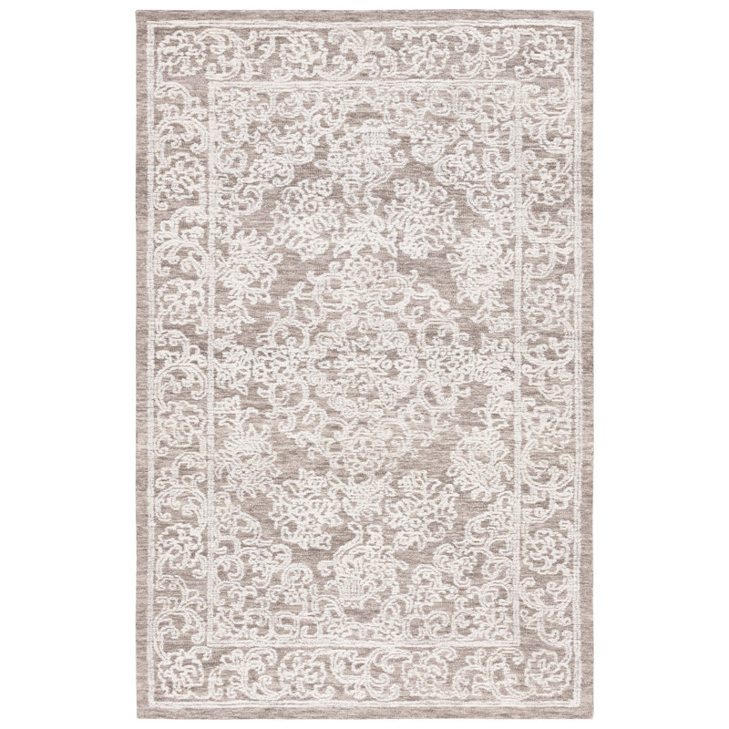Tapis floral en laine touffeté à la main en ébène de couleur ivoire / gris / gris foncé Cemaliye, Rectangle 8 pi x 10 pi