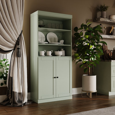 Armoire de cuisine 100% en bois massif, grand rangement modulaire autoportant avec tablettes ouvertes et portes Shaker et 2 tiroirs, tablettes réglables, l 32 po x H 71,5 po