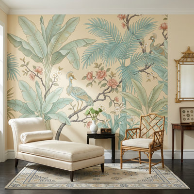 Papier peint botanique tropical, paon et feuilles de palmier