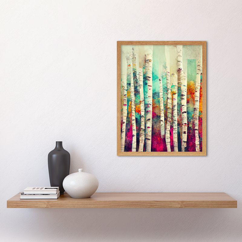 Abstract Multi Coloured Birch Tree Forest 1 Piece Wall Art, 43cm H x 33cm W, Light Brown Framed Paper